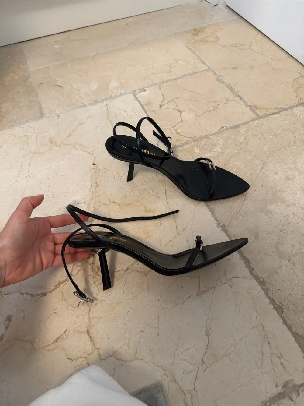 Saint Laurent Black Pointed Leather Ankle-Tie Heels - Picture 3 of 7